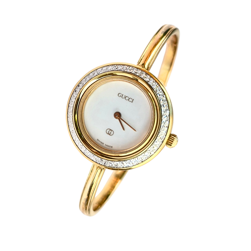 Genuine Vintage Gucci Interchangeable Bezel Gold Plated Bangle Watch Model 1100L with Rare Diamond Cut Bezel