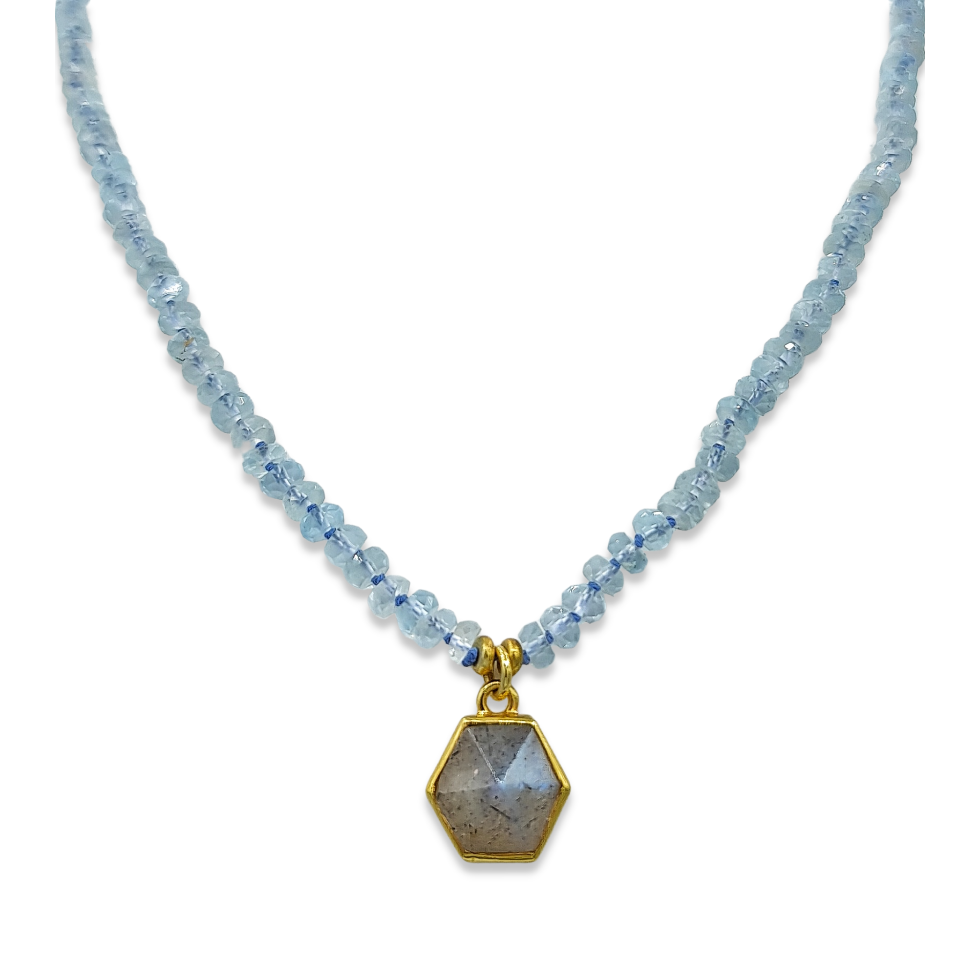 Iris Blue Topaz Bead Necklace with Labradorite Hexagon Pendant