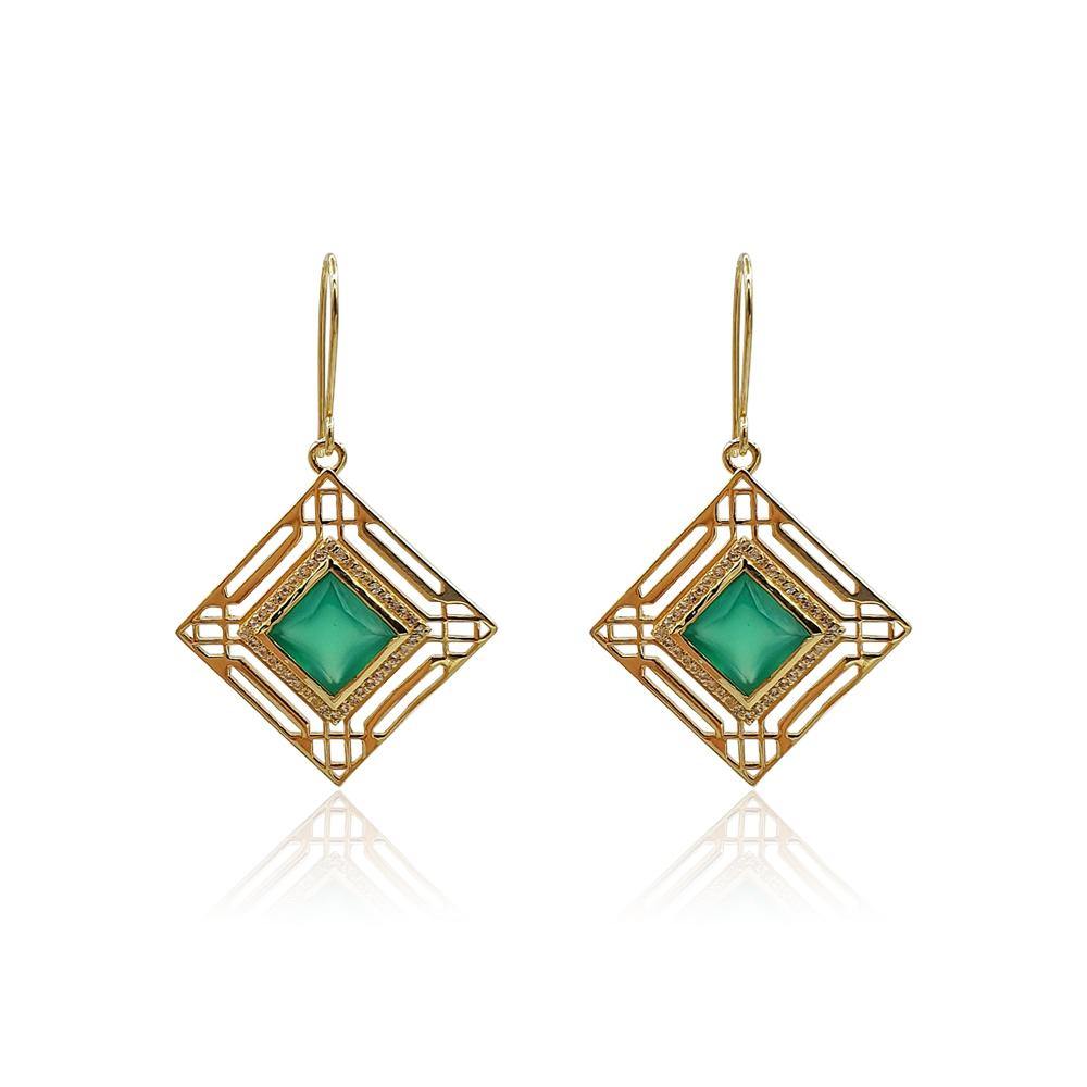 Marlene Art Deco Earrings with Green Onyx & White Topaz in 18k Gold Vermeil